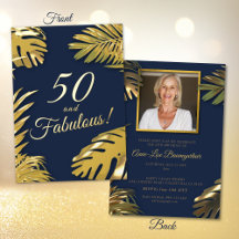 Elegante Gouden Blauwe Foto 50e Verjaardag 