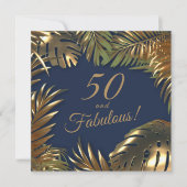 Elegante gouden blauwe foto 50e verjaardag kaart (Voorkant)