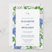 Elegante Gouden Blauwe Hortensia Monogram Huwelijk Kaart (Voorkant)