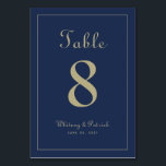 Elegante gouden blauwe huwelijksreceptie formeel d kaart<br><div class="desc">Tafelnummer-huwelijksaffiche met klassieke elegantie en hedendaagse chique goudkleur op een klassieke marineblauwe achtergrond. Personaliseer het tafelontwerp met uw naam, huwelijksdatum en tafelnummer in trendy letters en schrift. De achterkant van de kaart is een duplicaat van de voorkant. Volg onze gebruiksvriendelijke moderne sjabloon om gemakkelijk een exemplaar voor elke tafel te...</div>