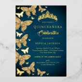 Elegante gouden blauwe vlinder Quinceanera Folie Uitnodiging (Voorkant)