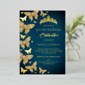 Elegante gouden blauwe vlinder Quinceanera Folie Uitnodiging (Staand Voorkant)