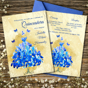 Elegante gouden & blauwe vlinders Quinceañera Kaart