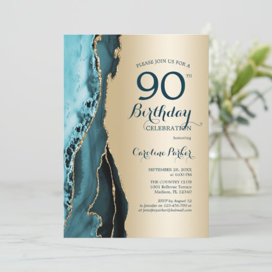 Elegante gouden Blauwgroen agaat 90e verjaardag Kaart (Staand voorkant)