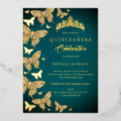 Elegante gouden Blauwgroen vlinder Quinceanera Folie Uitnodiging (Voorkant)