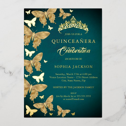 Elegante gouden Blauwgroen vlinder Quinceanera Folie Uitnodiging (Voorkant)