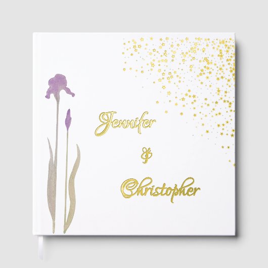 Elegante gouden & Bleke Paarse Waterverf Iris brui Gastenboek (Voorkant)