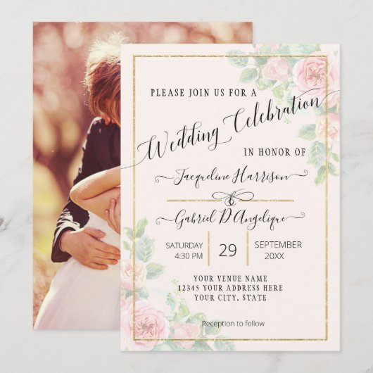 Elegante Gouden Bloem Aquarel Script Trouw Uitnodi Kaart (Voorkant / Achterkant)