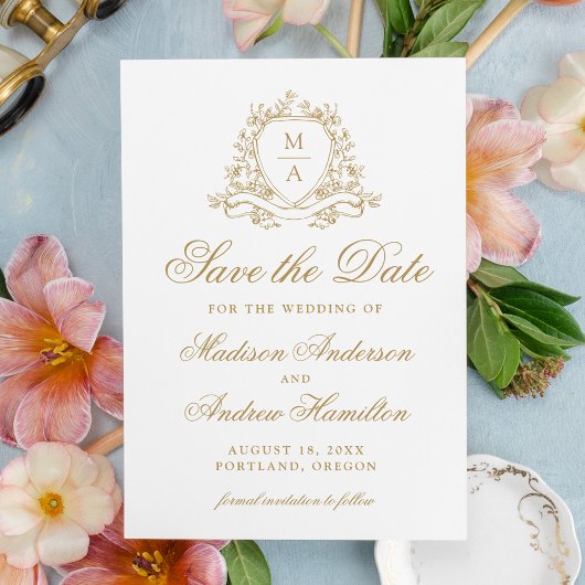 Elegante Gouden Bloem Crest Monogram Bruiloft Save The Date