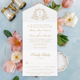 Elegante Gouden Bloem Crest Monogram Trouwdag All In One Uitnodiging