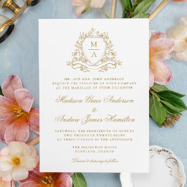 Elegante Gouden Bloem Crest Monogram Trouwdag Kaart