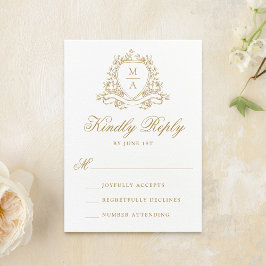 Elegante Gouden Bloem Crest Monogram Trouwdag RSVP Kaartje