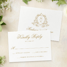 Elegante Gouden Bloem Crest Monogram Trouwdag RSVP Kaartje