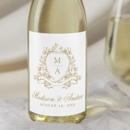 Elegante Gouden Bloem Crest Monogram Trouwdag Wijn Etiket