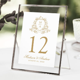 Elegante Gouden Bloem Crest Trouwtafel Nummer Kaart