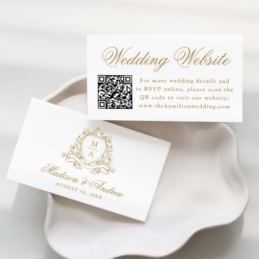 Elegante Gouden Bloem Crest Trouwwebsite QR-code Informatiekaartje