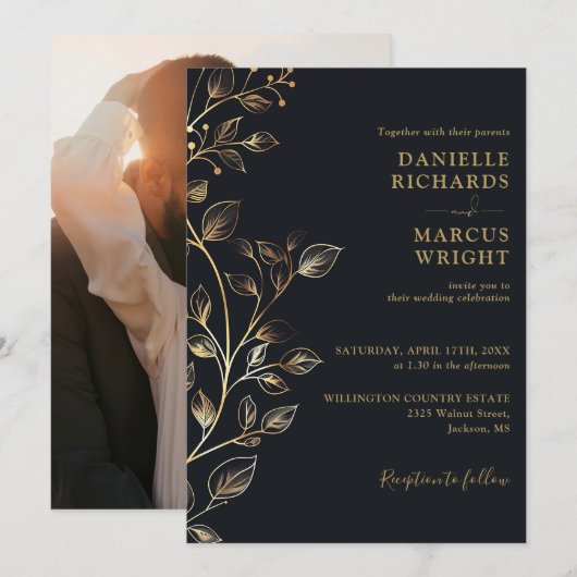 Elegante gouden bloem foto bruiloft kaart (Voorkant / Achterkant)