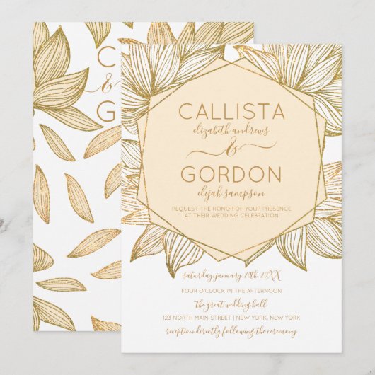 Elegante gouden bloem Hexagon Terrarium bruiloft Kaart (Voorkant / Achterkant)