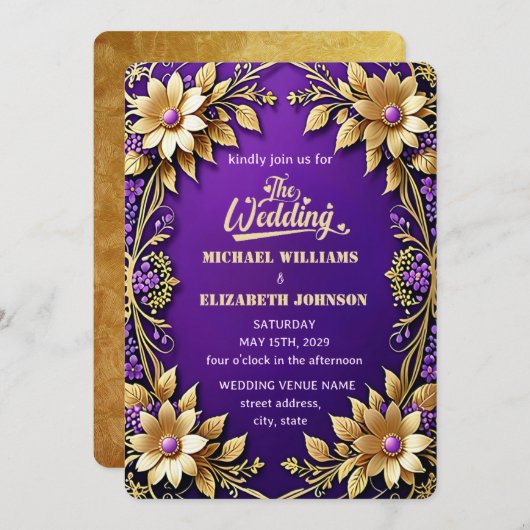 Elegante gouden bloem Lijst Paarse bruiloft Kaart (Voorkant / Achterkant)