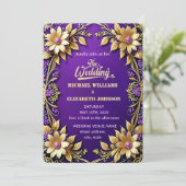 Elegante gouden bloem Lijst Paarse bruiloft Kaart (Staand voorkant)