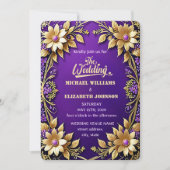 Elegante gouden bloem Lijst Paarse bruiloft Kaart (Voorkant)