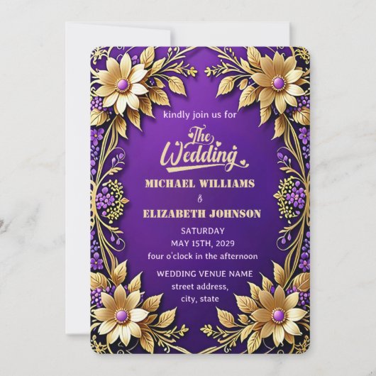 Elegante gouden bloem Lijst Paarse bruiloft Kaart (Voorkant)