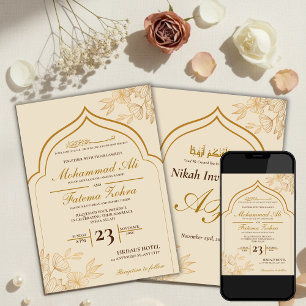 Elegante Gouden Bloem Masdjid Moslim Trouw Nikah I Kaart