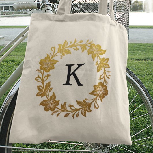 Elegante gouden bloem monogram letter tote bag