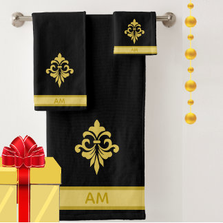 Elegante Gouden Bloem, Monogram & Streep op Zwart Bad Handdoek