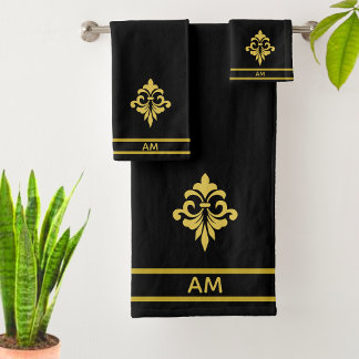Elegante Gouden Bloem, Monogram & Strepen op Zwart Bad Handdoek