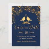 Elegante Gouden Bloem Vogels Navyblauw Aangepaste  Save The Date (Voorkant)