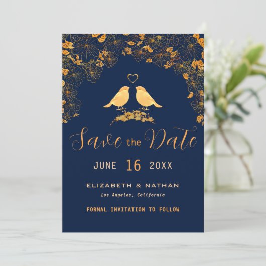 Elegante Gouden Bloem Vogels Navyblauw Aangepaste  Save The Date (Staand voorkant)