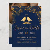 Elegante Gouden Bloem Vogels Navyblauw Aangepaste  Save The Date (Voorkant / Achterkant)