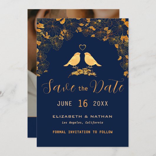 Elegante Gouden Bloem Vogels Navyblauw Aangepaste  Save The Date (Voorkant / Achterkant)