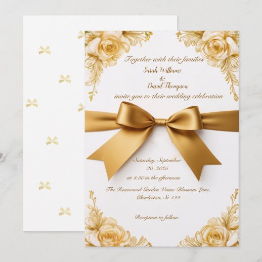 Elegante gouden bloemen bruiloft uitnodiging met l (Voorkant / Achterkant)