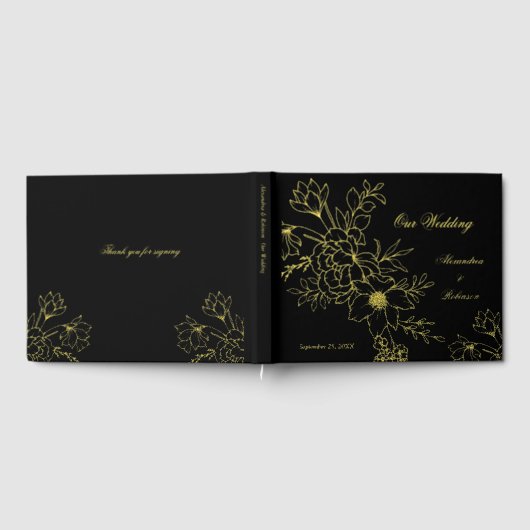 Elegante gouden bloemen bruiloft zwart gastenboek (Volledig)
