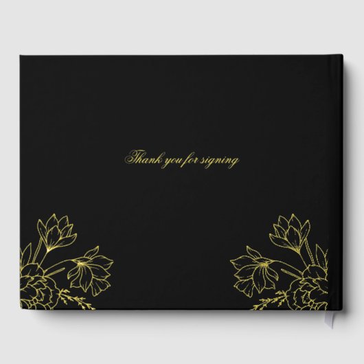 Elegante gouden bloemen bruiloft zwart gastenboek (Achterkant)