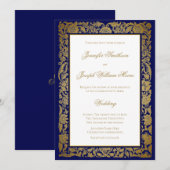 Elegante gouden bloemen en blauwe bruiloft kaart (Voorkant / Achterkant)