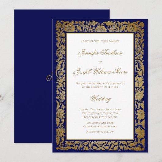 Elegante gouden bloemen en blauwe bruiloft kaart (Voorkant / Achterkant)