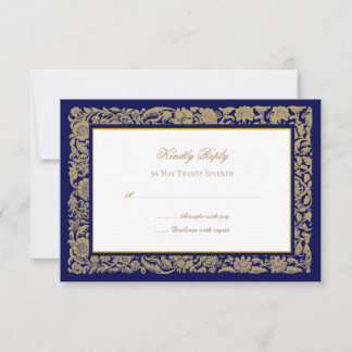 Elegante gouden bloemen en donkerblauwe bruiloft RSVP kaartje
