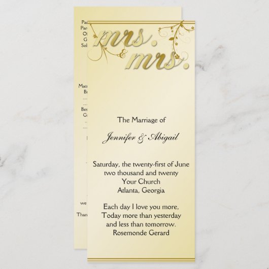 Elegante gouden bloemen gay bruiloft programma programmakaart (Voorkant / Achterkant)