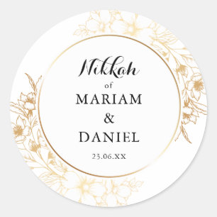 Elegante Gouden Bloemen Grens Nikah Moslim Huwelij Ronde Sticker