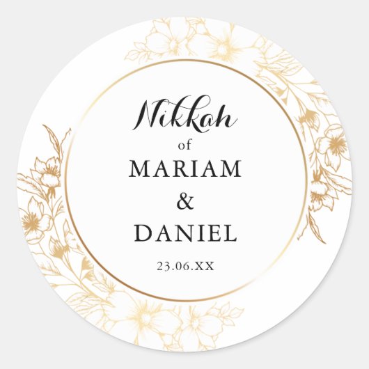Elegante Gouden Bloemen Grens Nikah Moslim Huwelij Ronde Sticker (Voorkant)