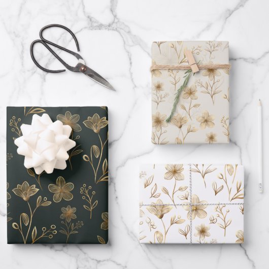 Elegante Gouden Bloemen Inpakpapier Vel (Voorkant)