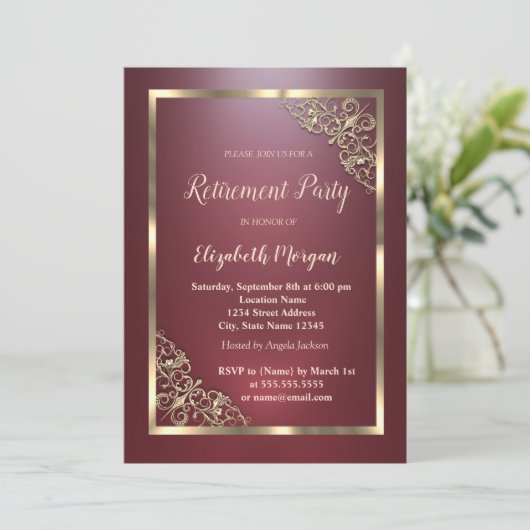 Elegante gouden bloemen Lijst rood pensioen Kaart (Staand voorkant)