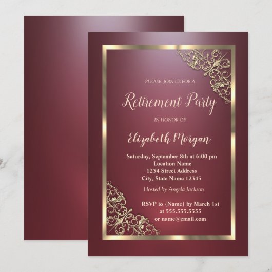 Elegante gouden bloemen Lijst rood pensioen Kaart (Voorkant / Achterkant)