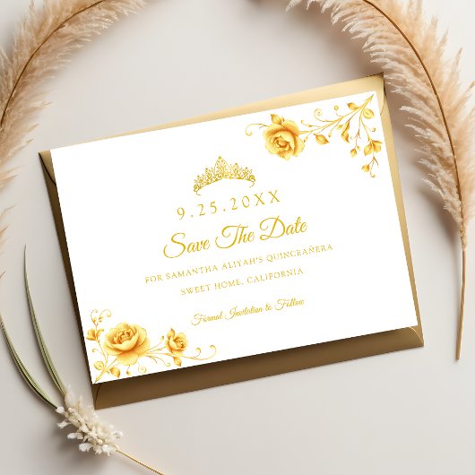 Elegante Gouden Bloemen Minimalistische Quinceaner Save The Date