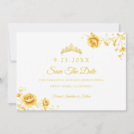 Elegante Gouden Bloemen Minimalistische Quinceaner Save The Date (Voorkant)