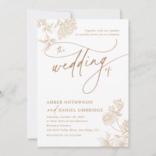 Elegante Gouden Bloemen Modern Script Wedding Kaart (Voorkant)
