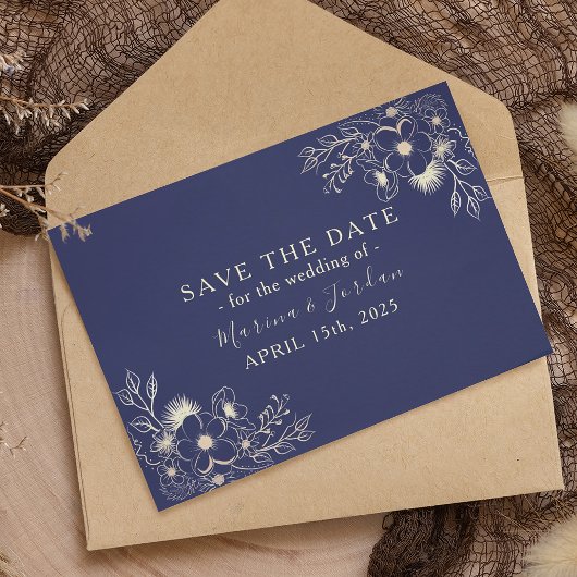 Elegante gouden bloemen Navy Blue Save the Date Ka